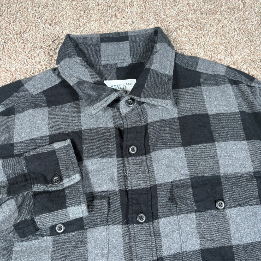American‎ Eagle Mens Grey Black Buffalo Plaid Super Soft Flannel Shirt Size M